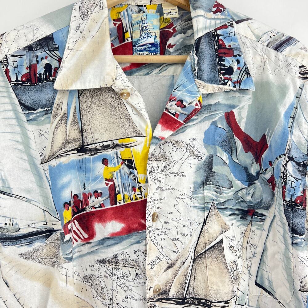 Vtg 90s Bluewater Wear Bahamas Aloha Shirt Sailboat Nautical Cream Mens L